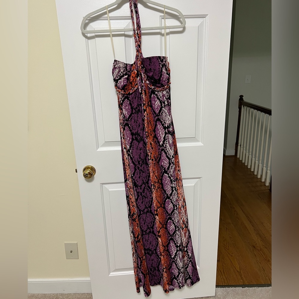 Purple and orange snake patterned maxi dress with braided rope around neck